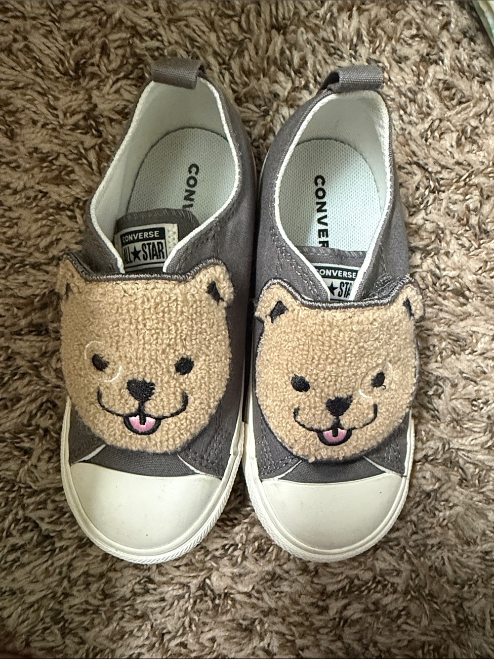 Converse Kids Gray Slip-On Sneakers with Beige Teddy Face